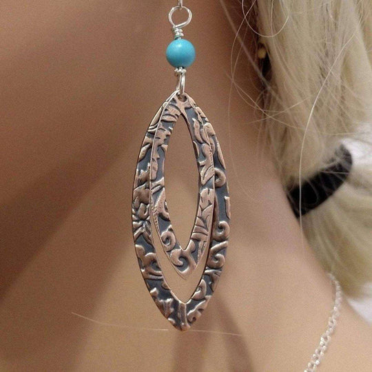 Long Pointed Oval Copper And Turquoise Earrings - SIR SAVE ALOT