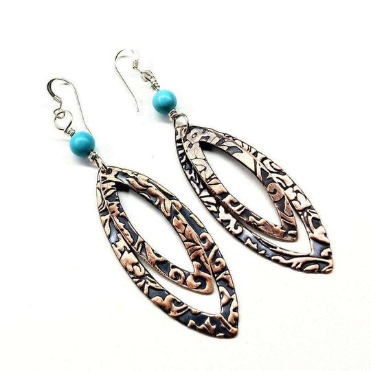 Long Pointed Oval Copper And Turquoise Earrings - SIR SAVE ALOT