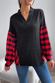 Buffalo Plaid Color Block Balloon Sleeve Top - SIR SAVE ALOT