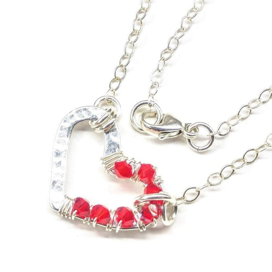 Silver Red Crystal Hammered Heart Necklace - SIR SAVE ALOT