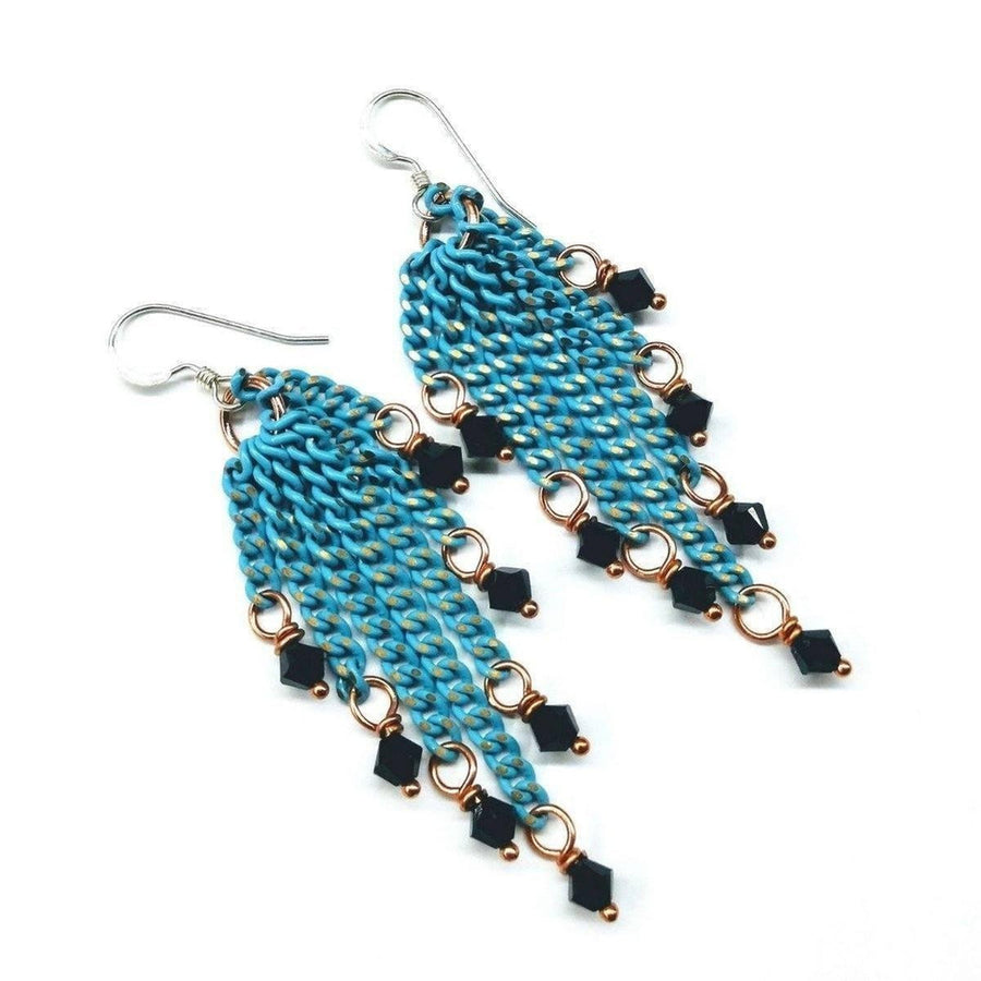 Turquoise Tassel Chain Black Crystal Earrings - SIR SAVE ALOT