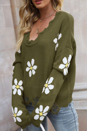 Flower Distressed Ribbed Trim Sweater - SIR SAVE ALOT