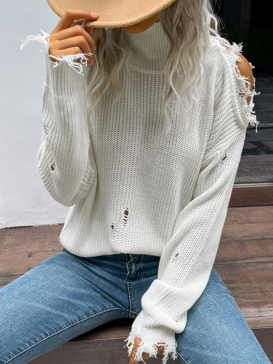 Distressed High Neck Cold-Shoulder Sweater - SIR SAVE ALOT