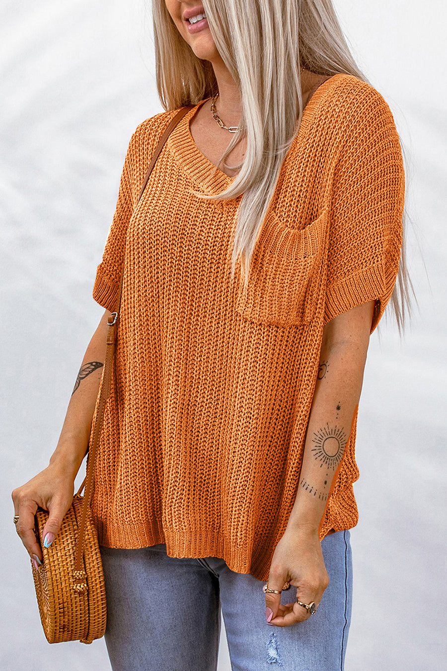 Side Slit V-Neck Short Sleeve Sweater - SIR SAVE ALOT