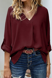 Plus Size Roll-Tab Sleeve Slit Blouse