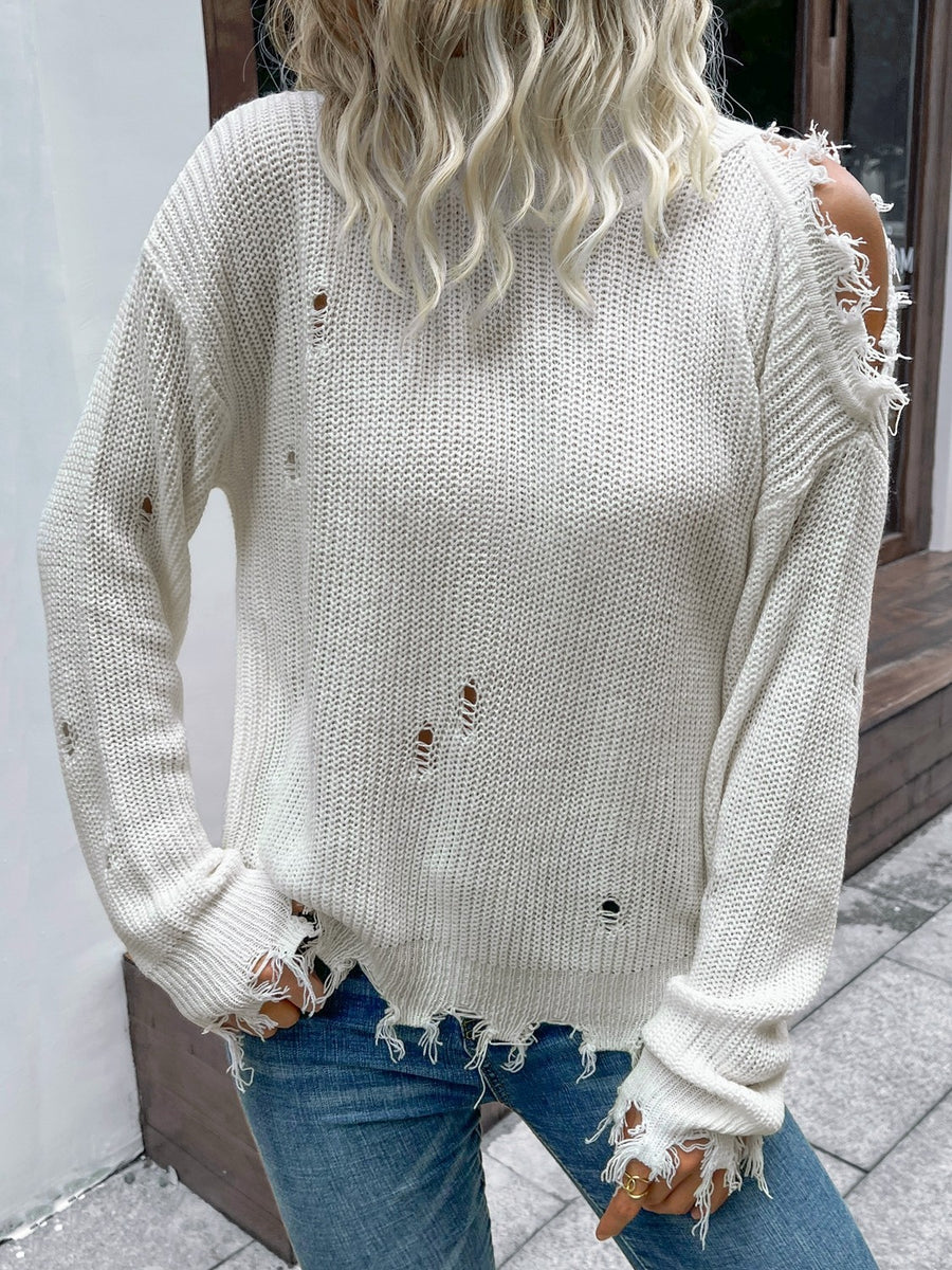 Distressed High Neck Cold-Shoulder Sweater - SIR SAVE ALOT