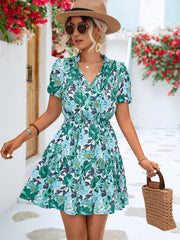 Floral Tie Neck Puff Sleeve Tiered Dress - SIR SAVE ALOT