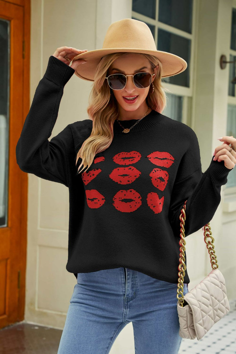 Lip Graphic Slit Dropped Shoulder Sweater - SIR SAVE ALOT