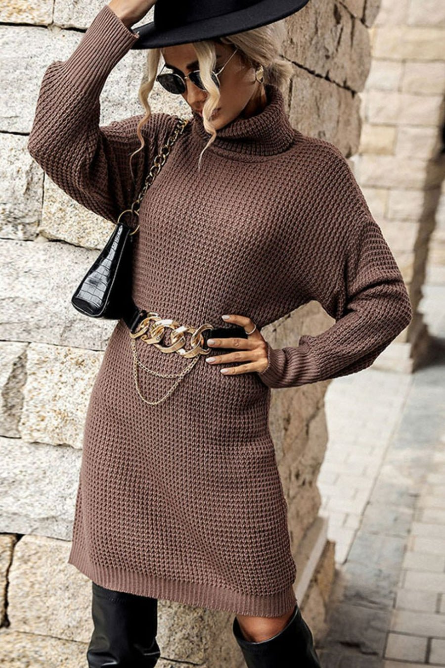 Turtleneck Dropped Shoulder Mini Sweater Dress - SIR SAVE ALOT