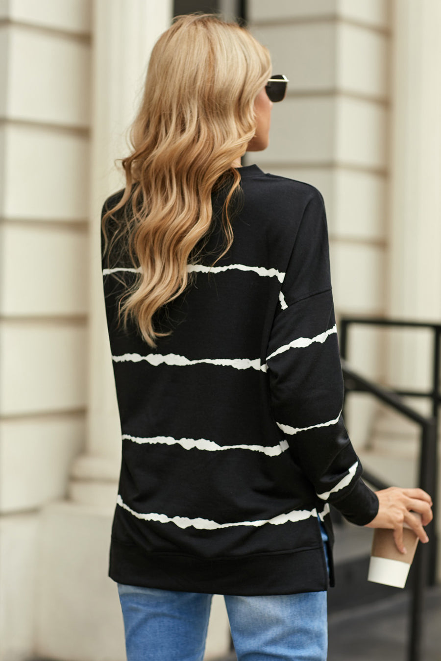 Striped Side Slit Round Neck Sweatshirt - SIR SAVE ALOT