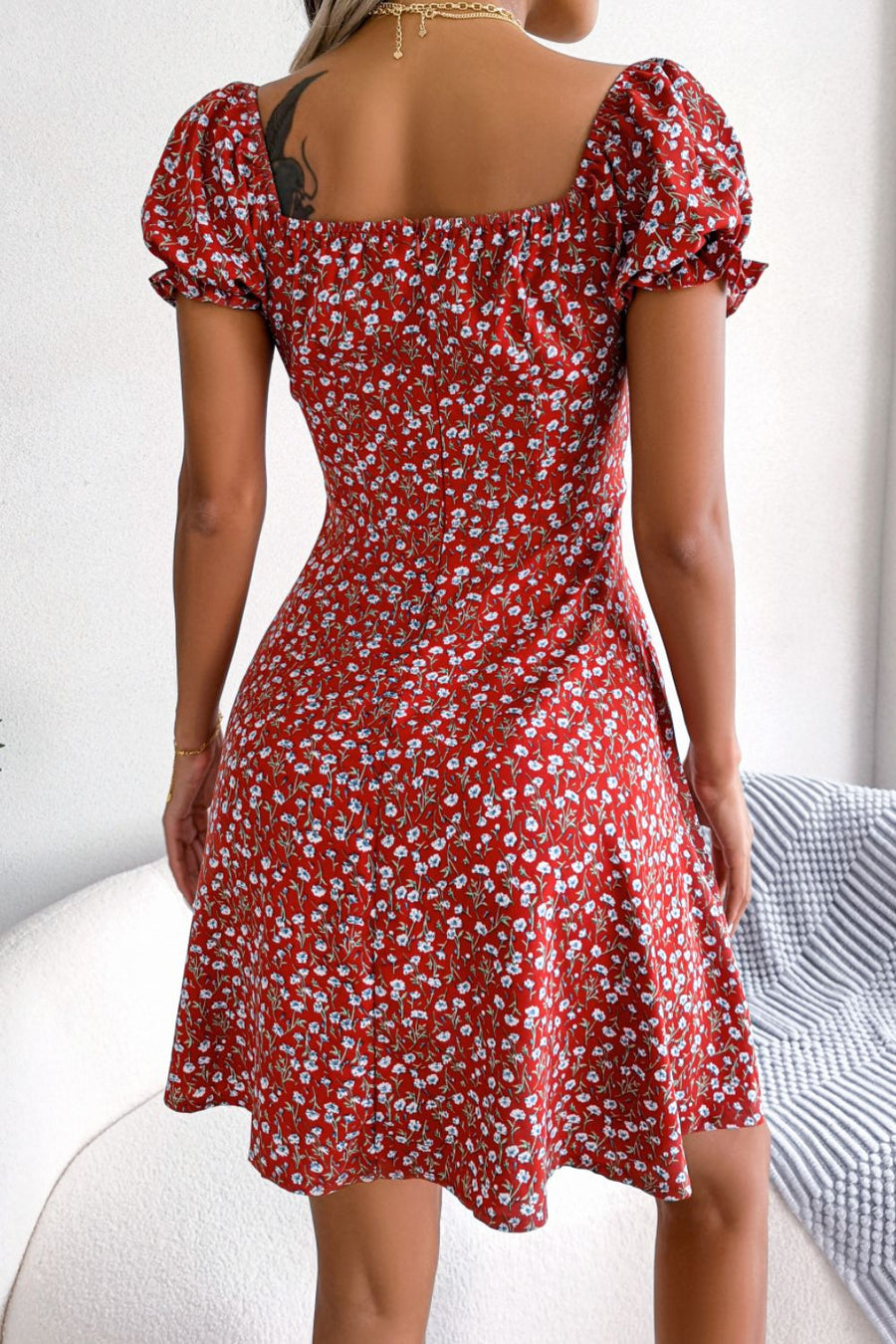 Women's Ditsy Floral Long Sleeve A-line Mini Dress Smocked Dress