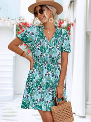 Floral Tie Neck Puff Sleeve Tiered Dress - SIR SAVE ALOT